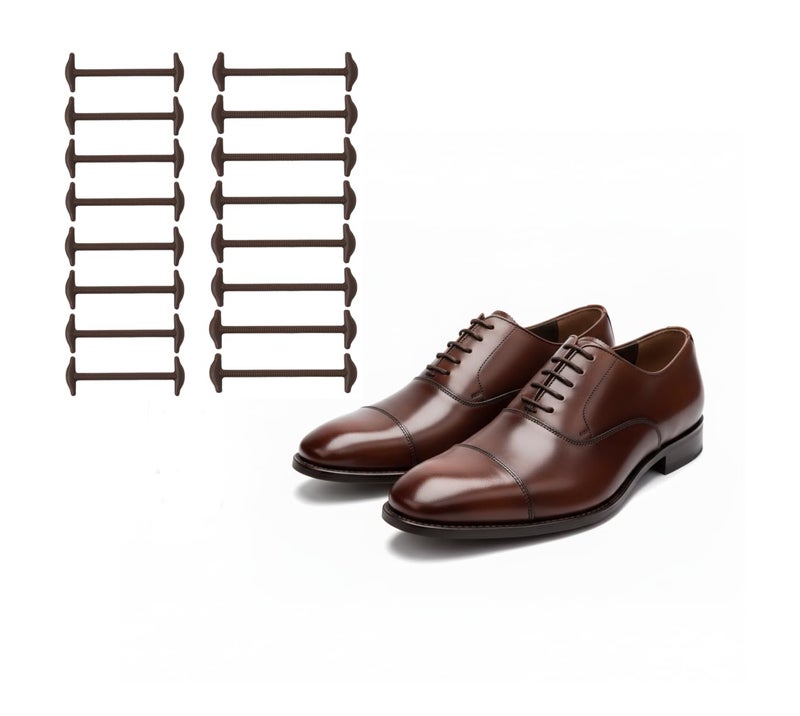Koollaces Elastic No Tie Dress Shoe Laces for Men â€“ Silicone Anchor-Type Laces, Black & Brown (16pcs Brown) - Image 1